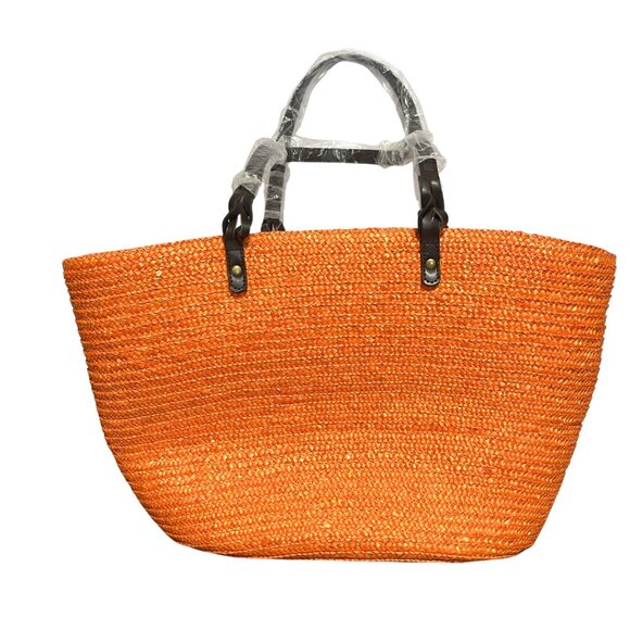 Neiman Marcus Large Straw Tote Bag Orange Boho Tropical Beach Vacation Hawaii - Picture 2 of 12